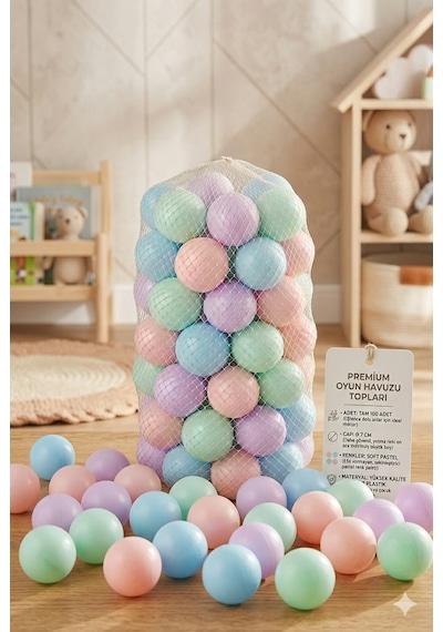 Premium Pastel Renkli Oyun Havuzu Topu 100'lü Paket - 7 Cm Büyük Boy Fileli Plastik Top Seti