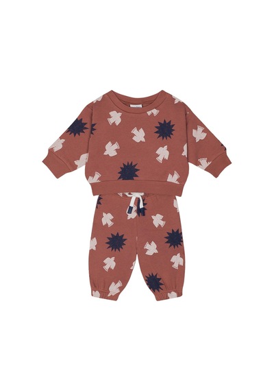 Antebies Organik Gots Sertifikalı Gün Batımı Kuş & Güneş Desenli, Uzun Kollu, Ribanalı Sweatshirt, Bel Lastikli Bağcıklı Pantolonlu Bebek Takımı Turuncu