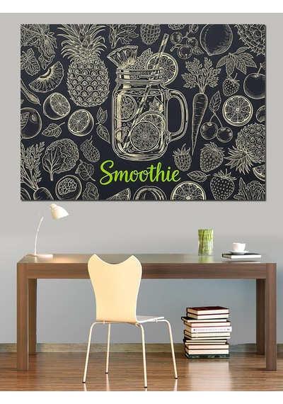 Siyah Beyaz Meyve Desenleri Ve Smoothie Bardağı Dekoratif Kanvas - Mdf Ahşap Tablo