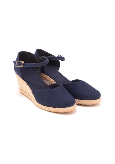 Gerçek Elişi Bilekten Bantlı Topuğu Açık Keten Espadril Dolgu Topuk Handmade Lacivert