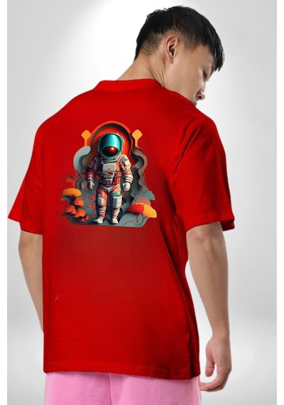 Astronot Yapay Zeka Yürüyüş Kırmızı Oversize Unisex Ön Ve Sırt Baskılı Tişört Kırmızı