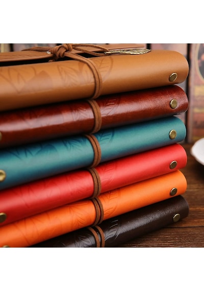 Retro Vintage Yaprak Baskılı Kolye Uçlu Deri Kapaklı Günlük Not Defteri Özel Tasarım Hediyelik