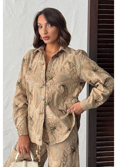 Verymoda Nakışlı Keten Gömlek - F2009 Kahve