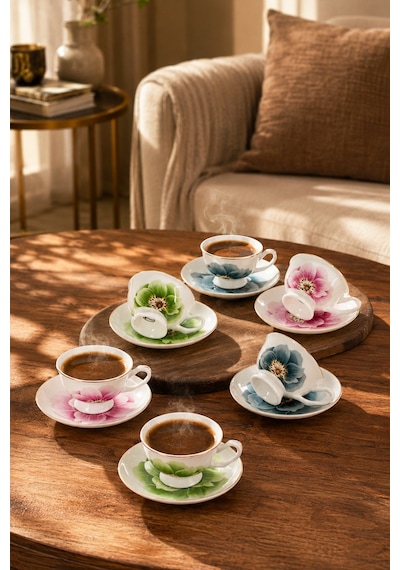 Porsima Gc57-2442 12 Parça Yaldızlı Porselen Türk Kahve Fincan Takımı - Mix Kahve Fincan Seti - 100ml Çok Renkli