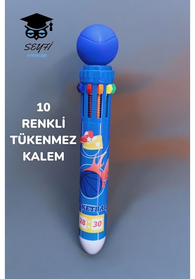 10 Renkli Tükenmez Kalem Futbol Basketbol Modeller 1 Adet Mavi