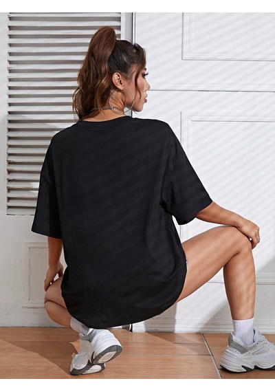 Çiçekli Desenler T-shirt - Siyah Baskılı Oversize Bisiklet Yaka Kısa Kol Tişört Siyah