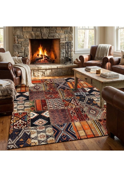 Turuncu Kahve Çok Renkli Salon Halısı Etnik Patchwork Dijital Baskılı Kaymaz Tabanlı Halı Dijital