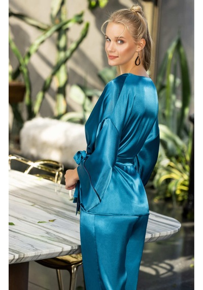 Kadın Turkuaz Saten Kuşaklı Pijama Takımı Kimono Kol Detaylı Şık Ve Rahat 2 Li Set