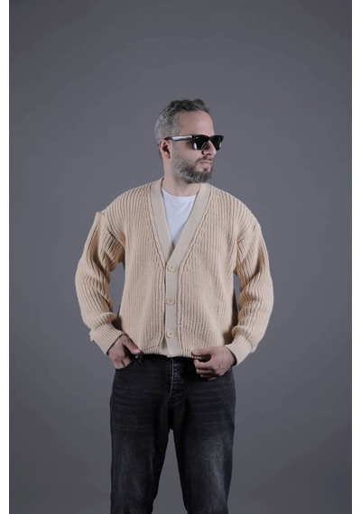 Dokulu Oversize Erkek Kalın Hırka Krem