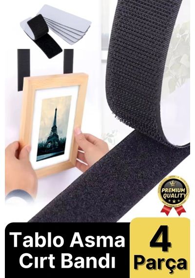 Ultra Güçlü İz Bırakmaz Çivisiz Tablo Çerçeve Asma Kendinden Yapışkanlı Siyah Cırt Bant 4'lü Set