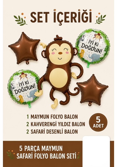 5 Li Maymun Temalı Happy Birthday Folyo Balon Seti Safari Ve Orman Konseptli Parti Süsü Çok Renkli