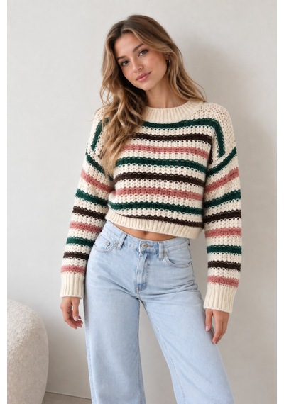 Lima Çok Renkli Kadın Ekru Çizgili Crop Triko Kazak Bisiklet Yaka Oversize Uzun Kollu Örgü Kazak Lima Çok Renkli Kadın Ekru Çizgili Crop Triko Kazak Bisiklet Yaka Oversize Uzun Kollu Örgü Kazak