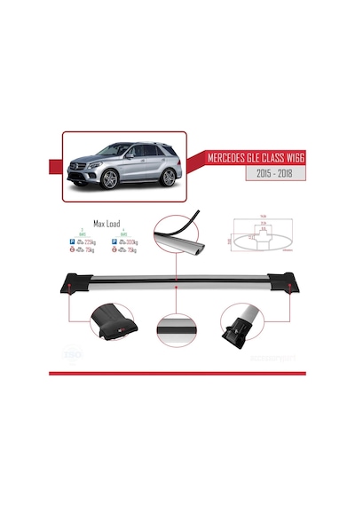 Mercedes Gle Class W166 2015-2018 Arası İle Uyumlu Fly Model Ara Atkı Tavan Barı Gri 3 Adet Bar