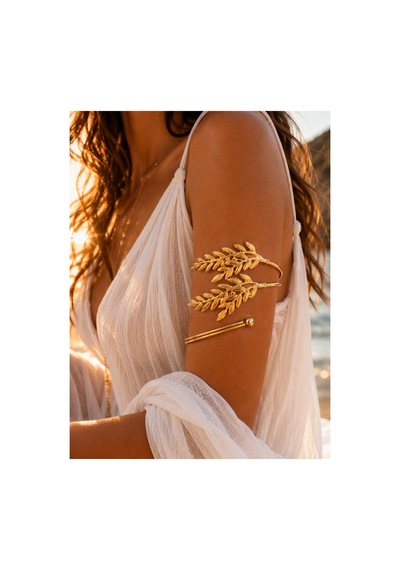 Yavin Yaprak Figürlü Antik Ege Konsept Altın Renkli Üst Kol Bileziği Vücut Aksesuarı Gold Premium Pazu Kol Takısı Kehribar