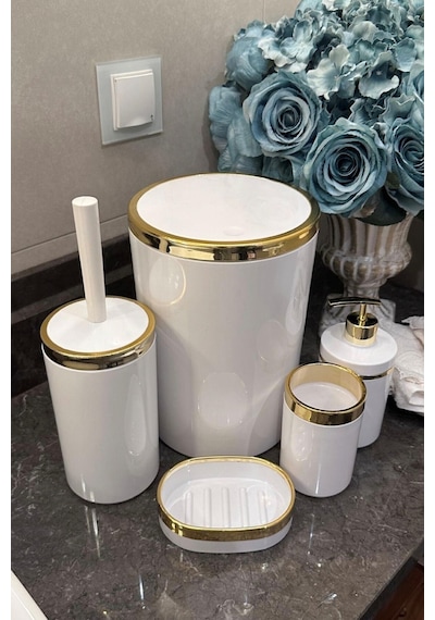 Makri Home Banyo Seti 5'li,akrilik-çöpkovası,wc Fırçalık,sıvı Sabunluk,diş Fırçalık,el Sabunluk,gold Renk Detay Beyaz