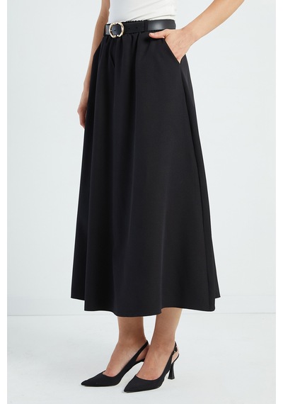 Fullamoda Beli Kemerli Maxi Boy Etek Siyah