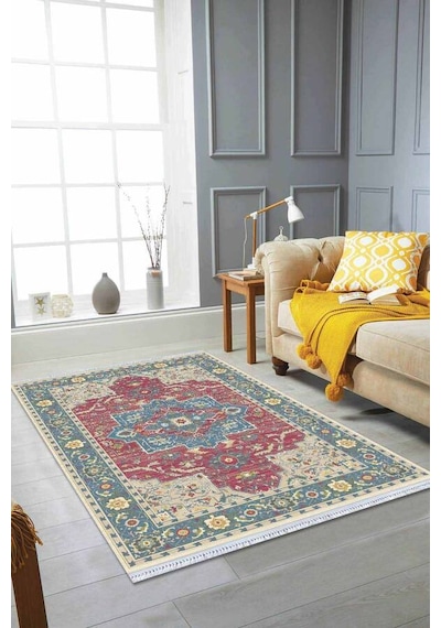 Pembe Klasik Göbekli Dokuma Pamuk Taban Kaymaz Kilim Klm226n11