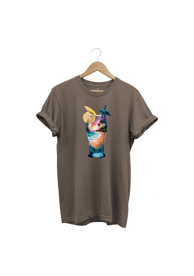 Summer Yaz Havasa Ve Kokteyl Baskılı %100 Pamuk Unisex Regular Fit T-shirt Kahverengi