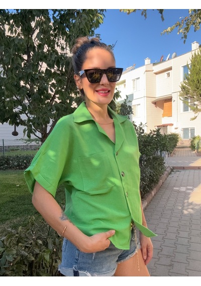 Ali Butik Yeşil Yarasa Kol Keten Gömlek