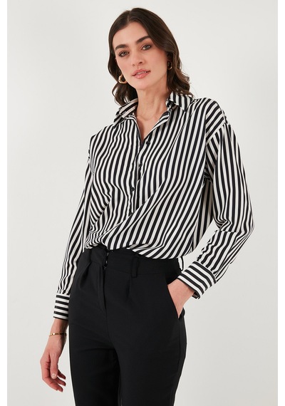 Lela Standart Fit Klasik Yaka Çizgili Bayan Gömlek 6772894 Siyah