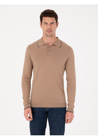 Cacharel Camel Slim Fit Pamuk Karışımlı Polo Yaka Triko Kazak Kahverengi