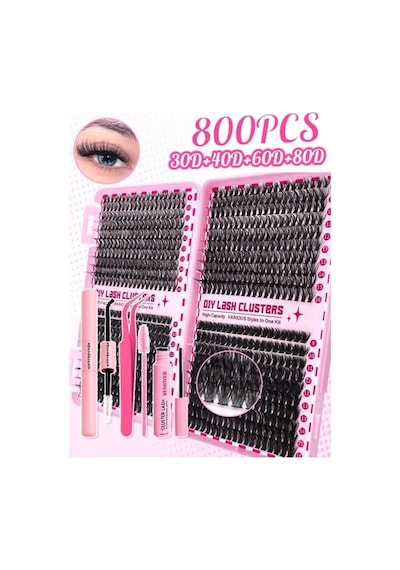 Takma Kirpik Seti, 800 Adet Demet Kirpik, Yapıştırıcı, Sabitleyici, Remover, Cımbız, 30-40-60-80 D