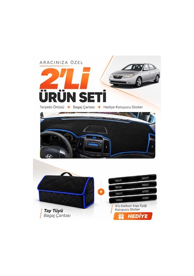 Hyundai Elantra 2007-2011 Uyumlu Torpido Örtüsü + Tay Tüyü Bagaj Çantası + Sticker - Siyah Mavi