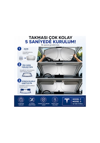 Polham 140x80 Cm Tesla Model Y Ve Model 3 İle Uyumlu Ön Cam Güneşliği, Isı Yalıtımlı Güneş Koruyucu 23311732