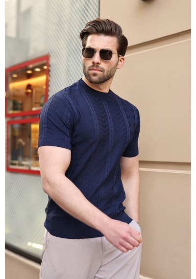 Lacivert Bisiklet Yaka Slim Fit Triko Erkek Tişört E7466