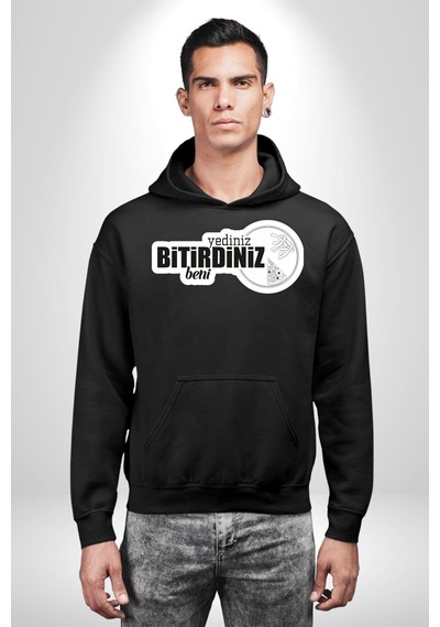 Yediniz Bitrdiniz Beni Yazılı Kadın Erkek Siyah Kapüşonlu Sweatshirt Hoodie Siyah