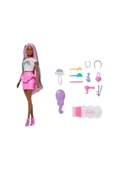 Barbie Gökkuşağı Parıltılı Saçlı Moda Bebek, 12 Şekillendirme Aksesuarı ile Birlikte