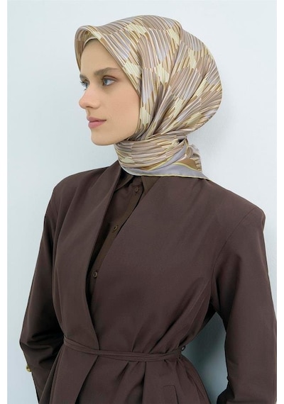 Armine Sura Saf İpek Eşarp 9533 - 83 Gri Sarı Çizgi Desen Gri