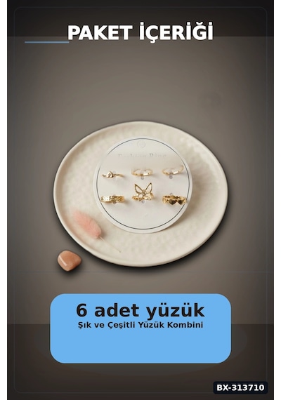 Pirinç 6'li Kelebek Detayli Yuzuk Seti 7-8 Numara Rengi Bijuteri Bx-313710 Çok Renkli