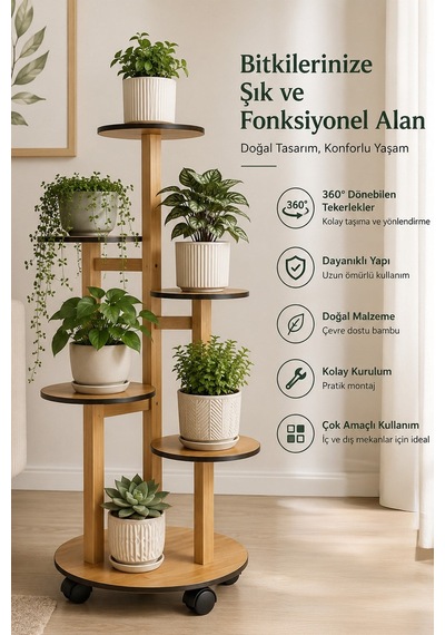 Ahşap 5 Katlı Tekerlekli Çiçeklik Saksılık Dekoratif Daire Model Bitki Rafı