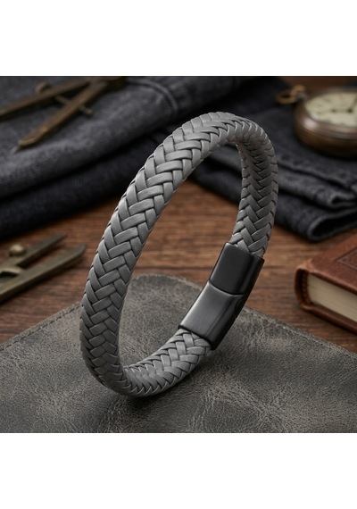 Premium Rumeli Gri Örme Pu Deri Erkek Bileklik - Zamak Kilitli Tasarım 31833b4d23z - 20 Cm