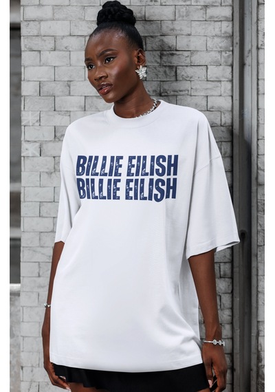 Sevbano Tasarım Billie Eilish Şarkıcı Sırt Baskılı Unisex Oversize Tişört Beyaz