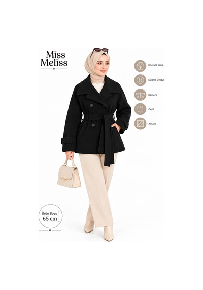 Miss Meliss Kruvaze Yaka Kemerli Spor Kaşe Siyah Siyah