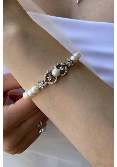 Çiçek Desenli Doğal İnci Kadın Bileklik 19 Cm / Rose Gümüş