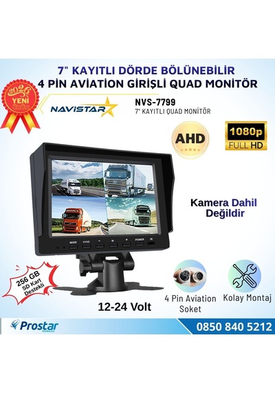 7 İnç Dörde Bölünebilir Kayıtlı Quad Monitör 4 Pin Aviation Girişli Ahd 1080p/720p/cvbs Analog Pal Ntsc 256gb Sd Kart Destekli