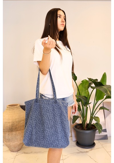 İcone Bag Desenli Yıkamalı Denim Kadın Çantası, Geniş Hacimli, Desenli El Ve Omuz Bez Çanta Shopper Kot Lacivert