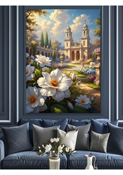 Ahşap Tablo Tarihi Katedral Ve Beyaz Çiçekler