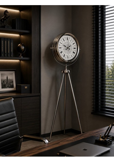 Krom Motifli 150 X 45 Cm Metal Tripod Ayaklı Saat