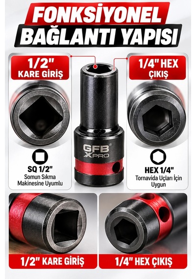 Gfb X-pro 1/2" Kare Giriş 1/4" Hex Çıkış Hızlı Değişim Dönüştürücü Adaptör Crv Açı