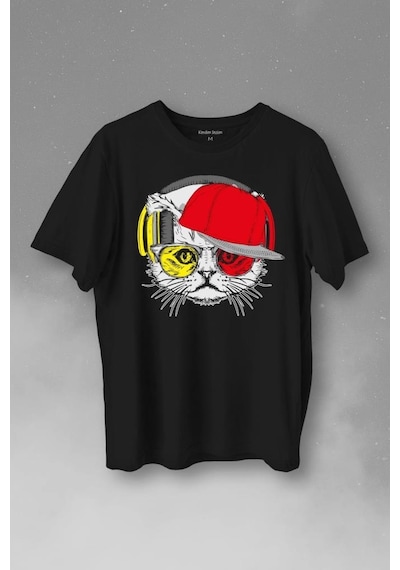 Cat Glasses Gözlüklü Sarı Kırmızı Kırmızı Kedi Baskılı Tişört Unisex T-shirt 001