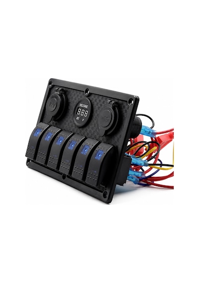 Labarka 6'lı Switch Panel USB + Çakmaklık + Voltmetre Mavi LED'li
