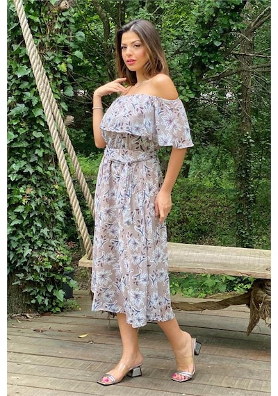 Neşeli Butik Kadın Bej Madonna Kuşaklı Çiçek Desenli Şifon Elbise Nb10037 Vizon