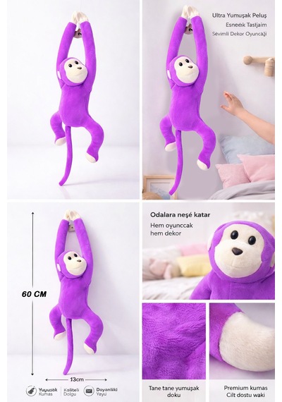 Maymun Yapışkanlı Vikvik Sesli 60cm - Maymun Peluş Oyuncak Açık Mor