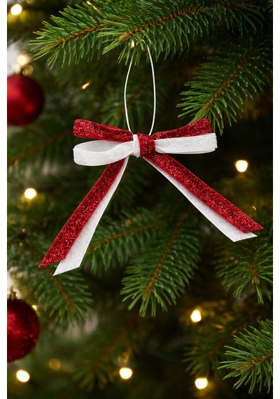 Paşateks 1 Cm Çift Renk Simli Fiyonk Askılı Kırmızı & Beyaz Noel Ağaç Süsü Dekoratif Kurdele