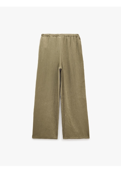 Koton Beli Bağcıklı Yüksek Bel Geniş Paça Saten Pantolon Haki 7wak40024uw