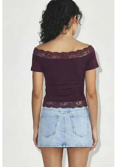 Shade Kadın Madonna Yaka Dantel Detaylı Soft Touch Crop Bluz 0992 60286052 - Mürdüm